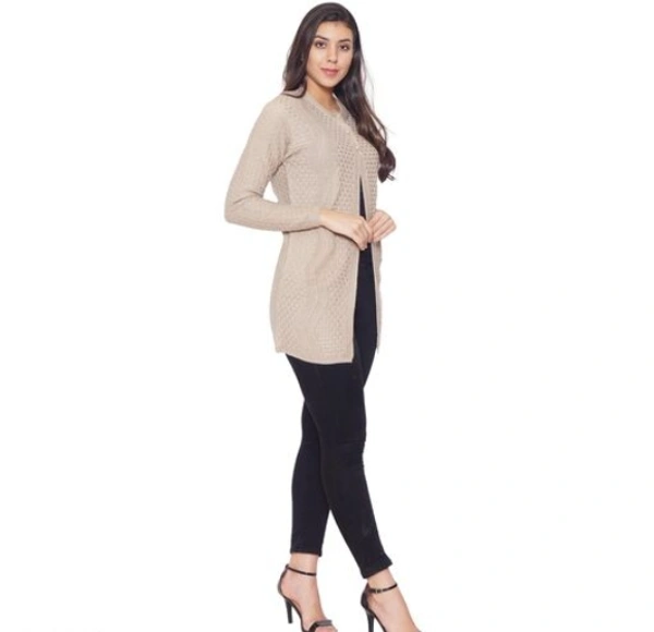 CALPTON  Self Design/Knitted Design  Acrylic Cream Full Sleeves  Long Cardigan/ Shrug Beign - M, Cream, Acrylic, Pack of1